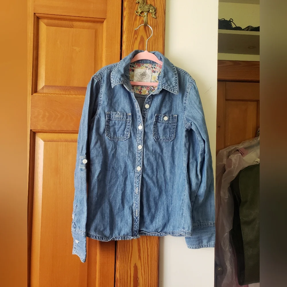 Justice Girls Blue Denim Look Button-Up Long Sleeve Shirt Jacket 8 Floral